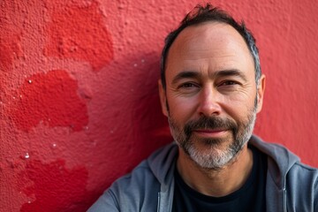 Portrait of a handsome middle-aged man with gray beard and mustache against red wall