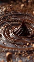 Beautiful presentation of Chocolate ganache drizzled in a radial pattern, hyperrealistic food photography