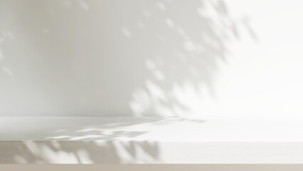 Minimal empty white wooden countertop counter in sunlight, leaf foliage shadow on white wall for luxury organic cosmetic, skincare, body care, beauty treatment product background 3D