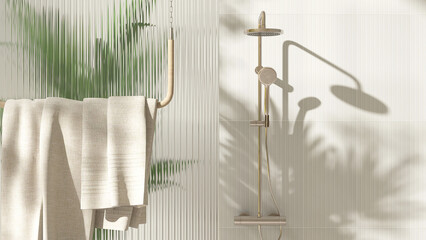 Gold rain shower, adjustable shower head, green palm tree, reeded fluted glass partition in sunlight on cream wall bathroom for modern, elegant interior design decoration, product background 3D © Sue Tansirimas