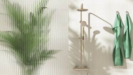 Gold rain shower, adjustable shower head, green palm tree, reeded fluted glass partition in sunlight on cream wall bathroom for modern, elegant interior design decoration, product background 3D © Sue Tansirimas