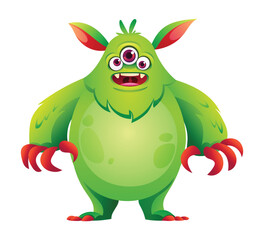 Happy green monster cartoon character. Vector illustration isolated on white background