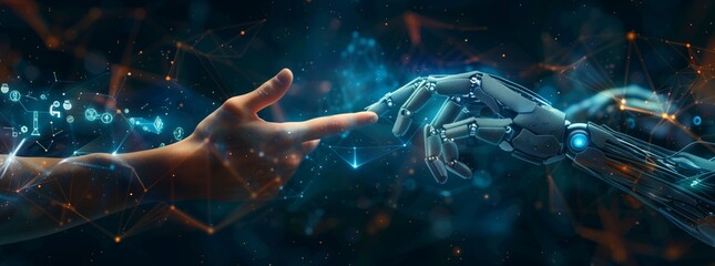 A digital art of hands reaching towards each other, one human and the second robot with holographic data visualization symbolizes connection between humans and artificial intelligence, symbolizing inn