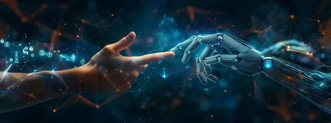 A digital art of hands reaching towards each other, one human and the second robot with holographic data visualization symbolizes connection between humans and artificial intelligence, symbolizing inn © Glebstock