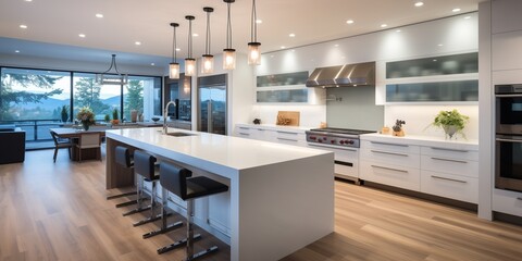 A modern kitchen with state-of-the-art appliances and sleek countertops, accented by stylish pendant lights.