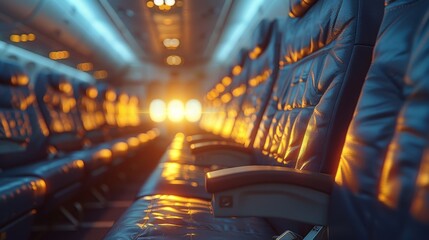 During flight, economy class seats of an airplane are found in the cabin interior - obrazy, fototapety, plakaty