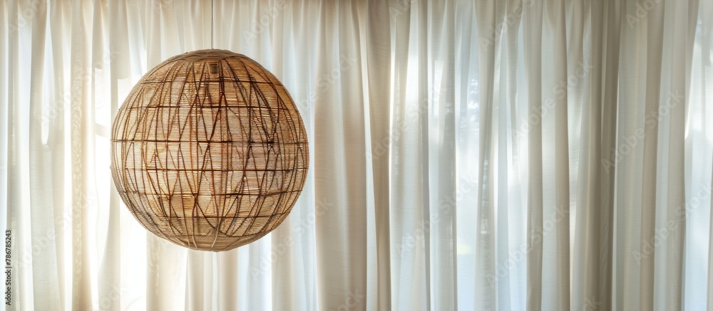 Poster a sizable wicker basket suspended from a hanging ceiling light fixture, creating a unique and stylis