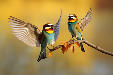 Fototapeta premium Two bee-eaters are mating on a branch in nature.