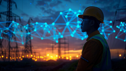 Fototapeta premium Engineer standing at high voltage transmission power station.