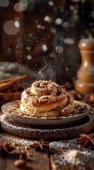 Beautiful presentation of Cinnamon roll, hyperrealistic food photography