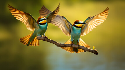 Two bee-eaters are mating on a branch in nature. - obrazy, fototapety, plakaty