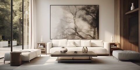 A sleek and minimalist living room with contemporary furniture and art pieces, bathed in soft natural light.