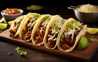 Tacos with minced meat, cheese and vegetables on wooden board - Powered by Adobe