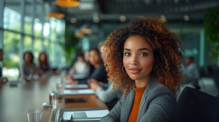 Fototapeta premium Portrait of African American Woman at Table with Colleagues During Work Meeting