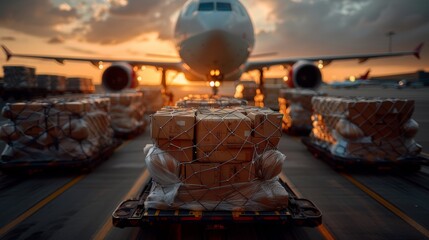 There are workers loading cargo logistic containers onto an airplane. A modern freighter jet aircraft is being loaded with air transport shipments at the airport. - obrazy, fototapety, plakaty