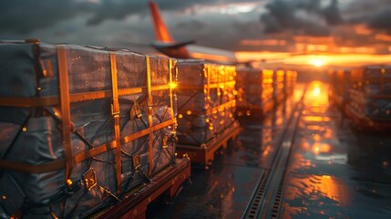 Air cargo logistic containers are loading to a jet aircraft. Shipments for air transport are prepared for loading to modern freighter jet aircraft at airports... - obrazy, fototapety, plakaty