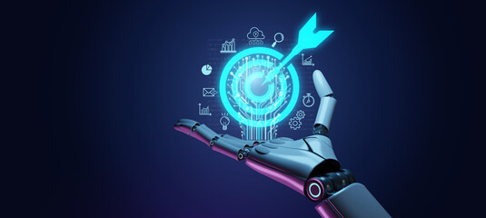 Ai humanoid make a success chance,strategy,planning and goals.Business goal and technology with artificial intelligence concepts.Smart robot hand pointing on a big target dart icon on blue background - obrazy, fototapety, plakaty