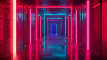 A 3D scene with neon lights in a hallway or studio, featuring vintage aesthetics, automatism, and glistening elements. - obrazy, fototapety, plakaty