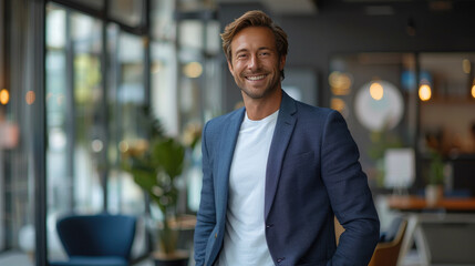Fototapeta premium Handsome businessman in formal blue suit combined with white t-shirt smiling in modern office with conference room background, posing with hands in trouser pockets