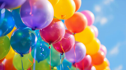 Bright abstract background of jumble of rainbow colored balloons celebrating gay pride. The LGBT gay pride rainbow flag background made from a collection of balloons, birthday party, colorful 