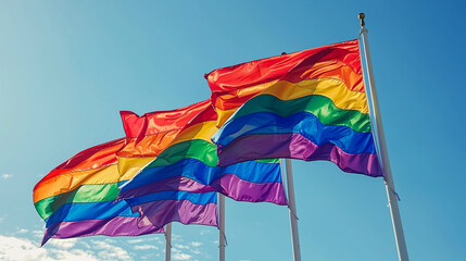 Pride month and inclusivity, support of LGBTQ. LGBT rainbow flags being waved in the air at a pride event. Wave LGBTQ gay pride flags. Equality Parade. Pride rainbow LGBTQ  gay flag being waved 