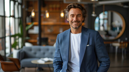 Fototapeta premium Handsome businessman in formal blue suit combined with white t-shirt smiling in modern office with conference room background, posing with hands in trouser pockets