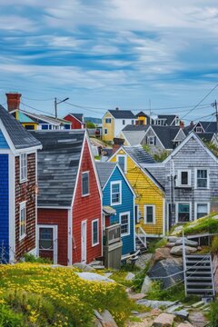 A charming coastal town with colorful clapboard houses, bustling boardwalks, and sandy beaches, exuding a relaxed seaside vibe, Generative AI