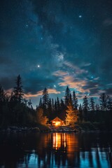 A remote wilderness lodge with cozy cabins, crackling campfires, and starry skies, offering a true escape into nature's embrace, Generative AI