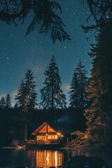 A remote wilderness lodge with cozy cabins, crackling campfires, and starry skies, offering a true escape into nature's embrace, Generative AI