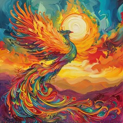 Capture the grandeur of a magical phoenix rising from vibrant, swirling flames against a dramatic sunset backdrop using acrylic paints on canvas