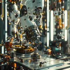 Craft a scene of a hightech robotic arm assembling intricate machinery from an unexpected low angle, showcasing a mix of CG 3D rendering and glitch art for a dynamic visual impact