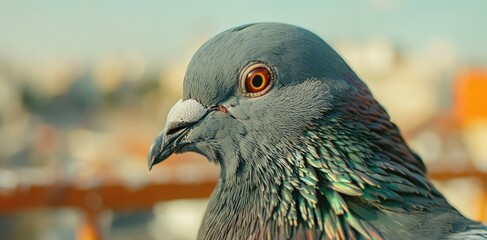 Portrait of a pigeon on the background of the city. - obrazy, fototapety, plakaty