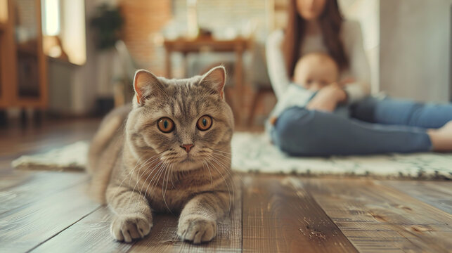 Happy family on vacation at home with brown Scottish Fold cat. Cute pet lying on the background of the foyer of the house.