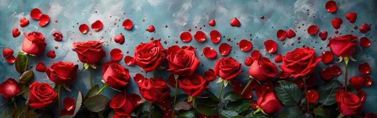 Romantic Red Roses Bouquet with Hearts and Petals for Valentine's Day and Weddings, Gift Boxes and Water Drops on Background