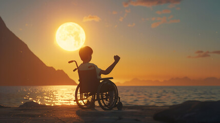 A boy in a wheelchair raises his fist in pride. and enjoy the setting sun set with the mountains and sea in the background. - obrazy, fototapety, plakaty