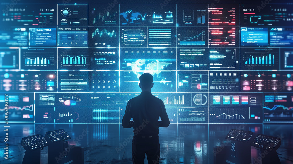 Poster a man stands in front of a computer monitor with many screens displaying various data. concept of fo