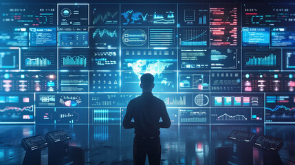 A man stands in front of a computer monitor with many screens displaying various data. Concept of focus and concentration as the man looks at the screens, possibly analyzing the information displayed