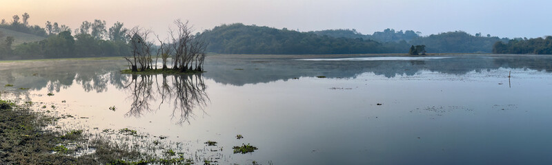 Reflections of a small island on Chiang Saen Lake, Thailand, adorned with eerie silhouettes of dead...