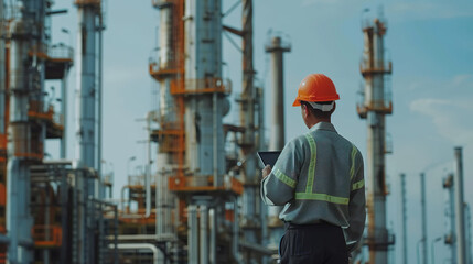 Male engineer with hard hat shirt. Standing in front of oil refinery, using tablet to inspect Control work within the factory.