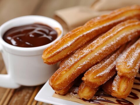 Delicious churros with chocolate dipping sauce on a wooden table