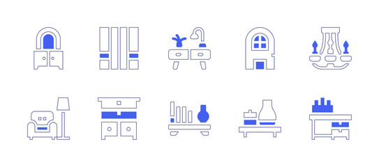 Home furniture icon set. Duotone style line stroke and bold. Vector illustration. Containing rest, closet, chest of drawers, shelf, drawers, buffet, door, workplace, ceiling lamp.