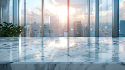 Empty marble table with blur room office and window city view background