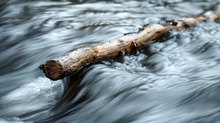 Wooden stick in choppy water close up of fast moving rippling water abstract scene with blurred motion - obrazy, fototapety, plakaty