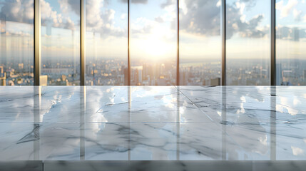 Empty marble table with blur room office and window city view background. For montage product display