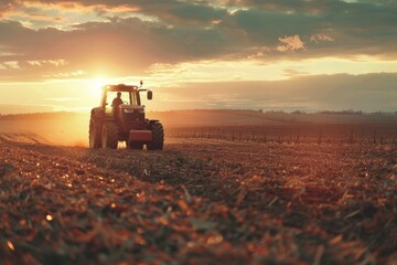 A red tractor is driving through a field of dirt. - obrazy, fototapety, plakaty