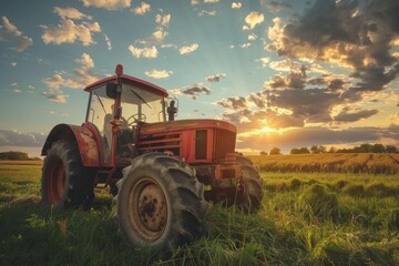 A red tractor is driving through a field of dirt.