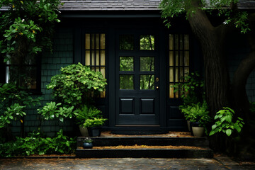 Beautiful front door of a black house with a green garden.