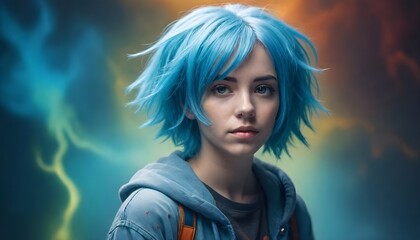 a person with blue hair and bright colors in the middle