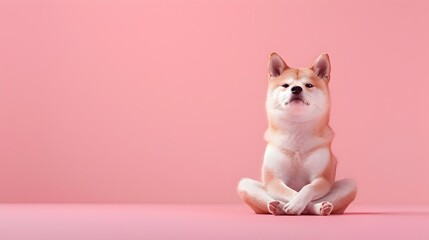 Serene Shiba Inu Meditating in Lotus Pose on Bright Pink Background with Soft Lighting
