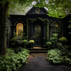 Beautiful green garden in front of the house with a black door